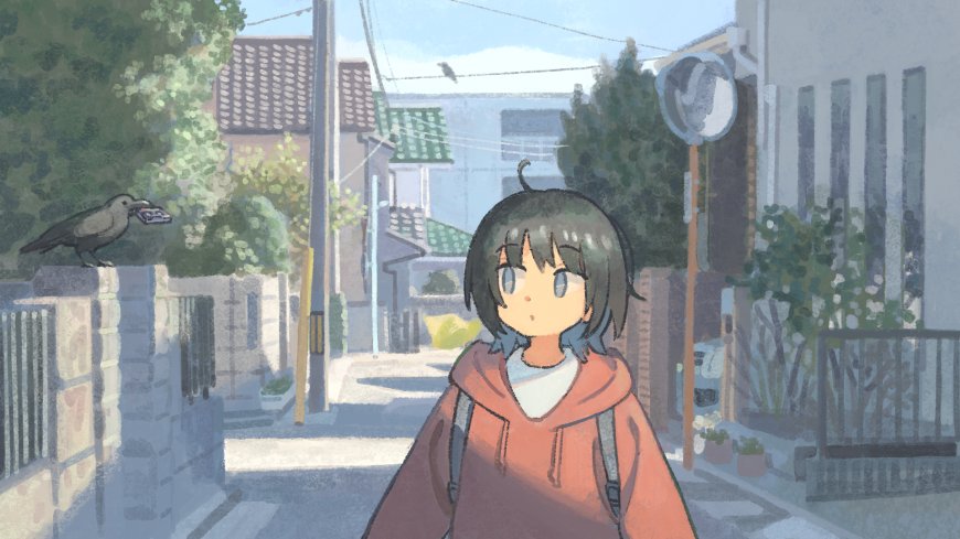 短发蓝瞳橙色连帽衫少女街头驻足淡蓝灰调动漫电脑壁纸