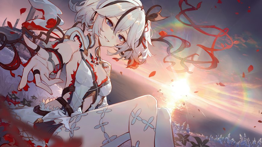 崩坏：星穹铁道镜流白发蓝瞳少女花瓣飞舞粉紫动漫电脑壁纸