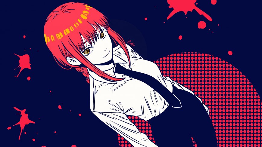 链锯人玛奇玛红发黄瞳微笑侧身暗蓝红点动漫电脑壁纸