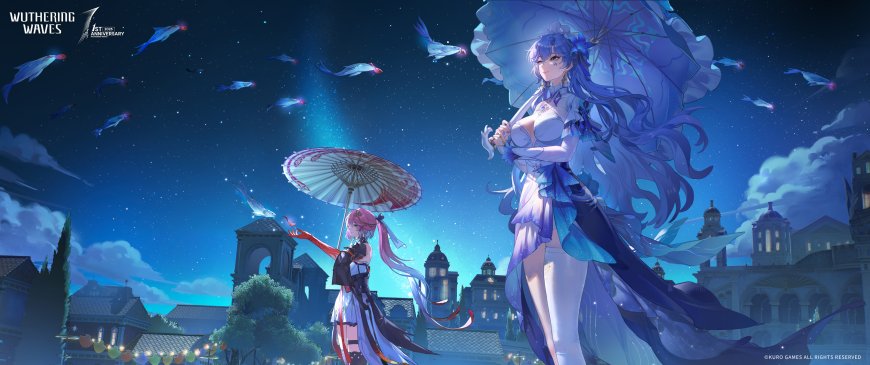 鸣潮一周年纪念插画蓝发少女持伞夜空鱼群飞舞蓝紫动漫电脑壁纸