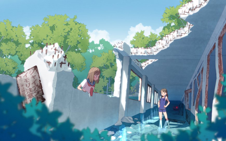夏日废墟校园中两位少女探身张望蓝绿清新动漫电脑壁纸