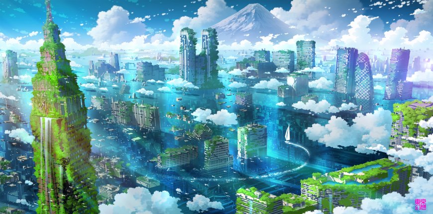 未来都市绿植覆盖高楼林立富士山远景蓝白清新动漫电脑壁纸