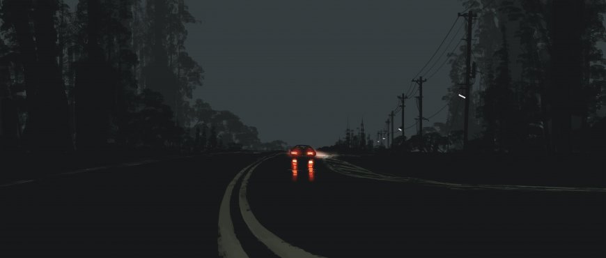 夜色公路红尾灯辉映湿路面暗灰汽车电脑壁纸