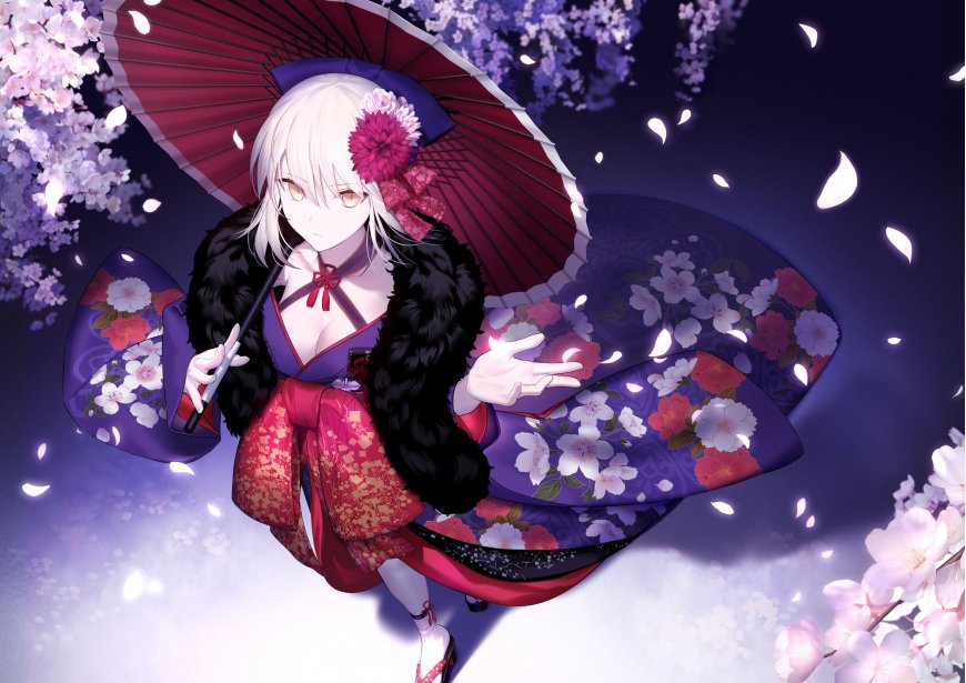 银发金眼和服少女油纸伞樱花夜景动漫电脑壁纸