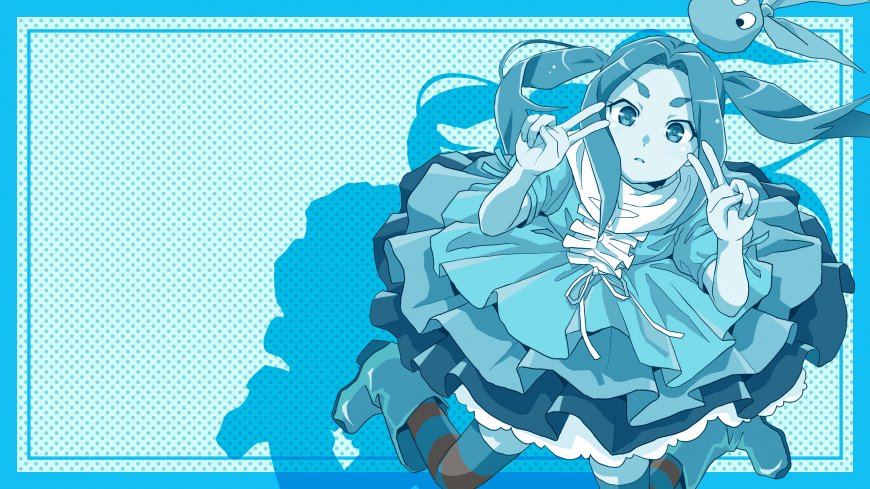 动漫角色蓝发双马尾少女比耶姿势蓝白配色动漫电脑壁纸