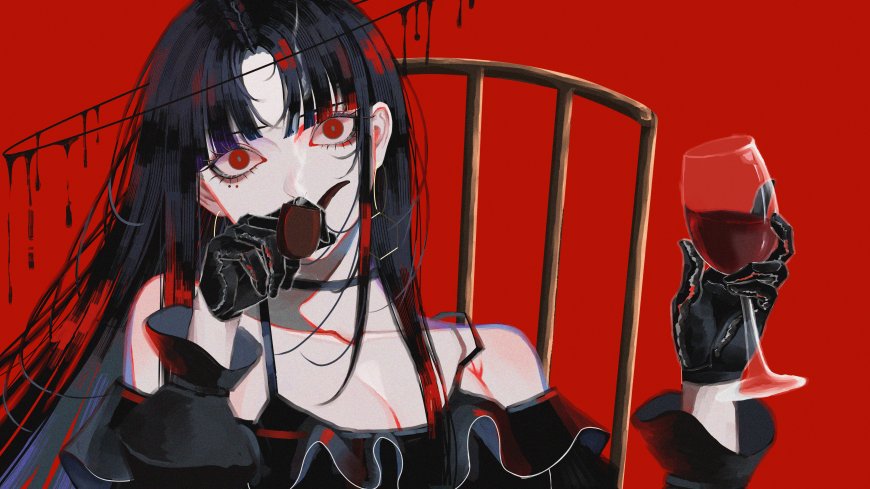黑发红瞳少女持酒杯滴血暗红动漫电脑壁纸