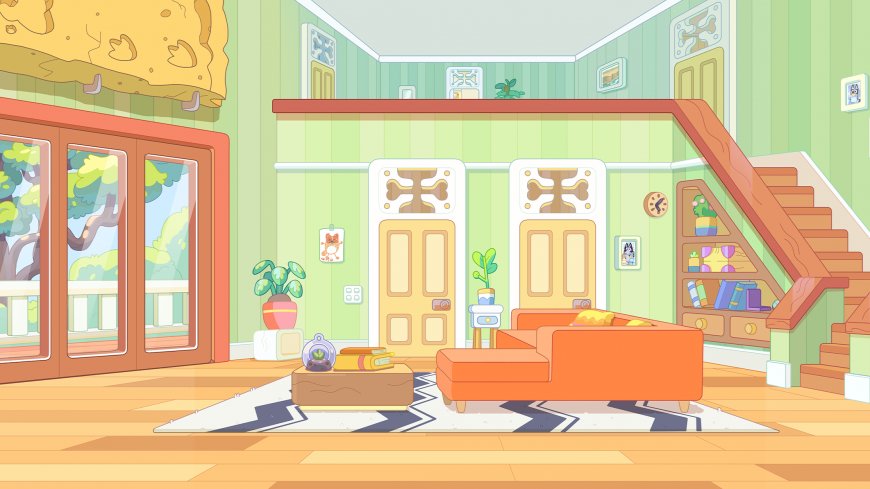 妙妙犬布鲁伊温馨客厅绿墙橙沙发卡通家居陈设创意电脑壁纸