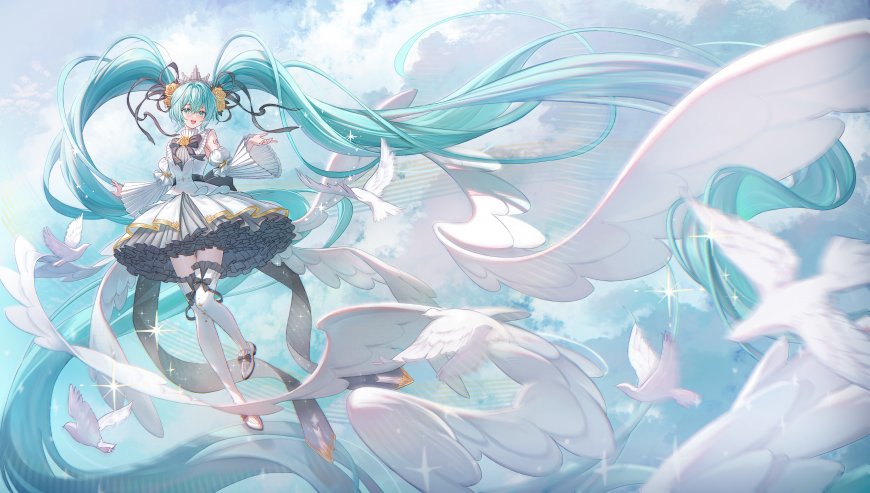 初音未来蓝发双马尾白裙展翅飞翔蓝白梦幻动漫电脑壁纸
