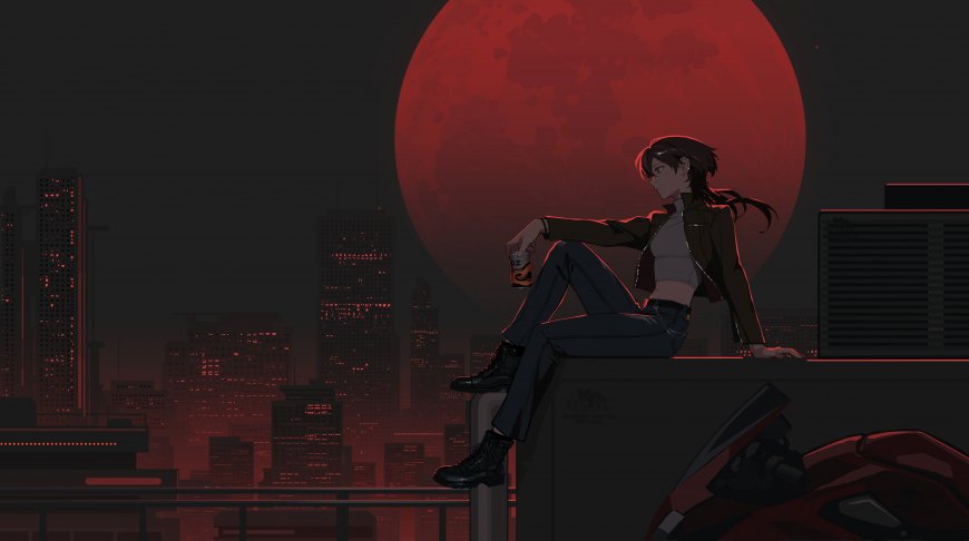 赛博朋克风格红月夜景少女坐屋顶持罐动漫电脑壁纸