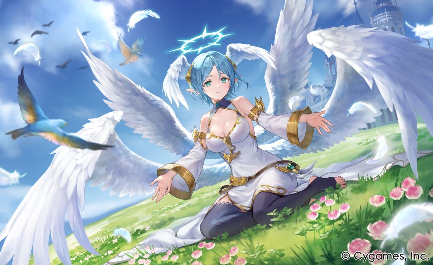 碧蓝幻想蓝发天使少女展翼跪坐花海白金奇幻动漫电脑壁纸