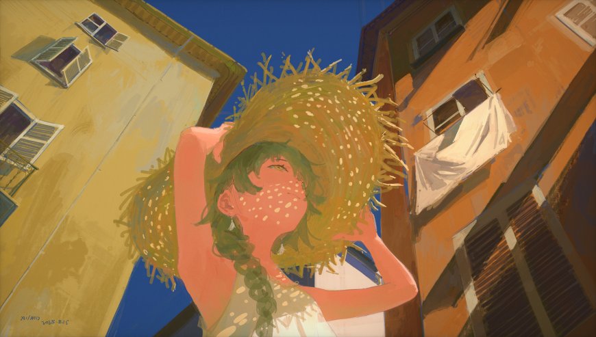 戴草帽绿发少女仰望蓝天暖橙创意插画电脑壁纸