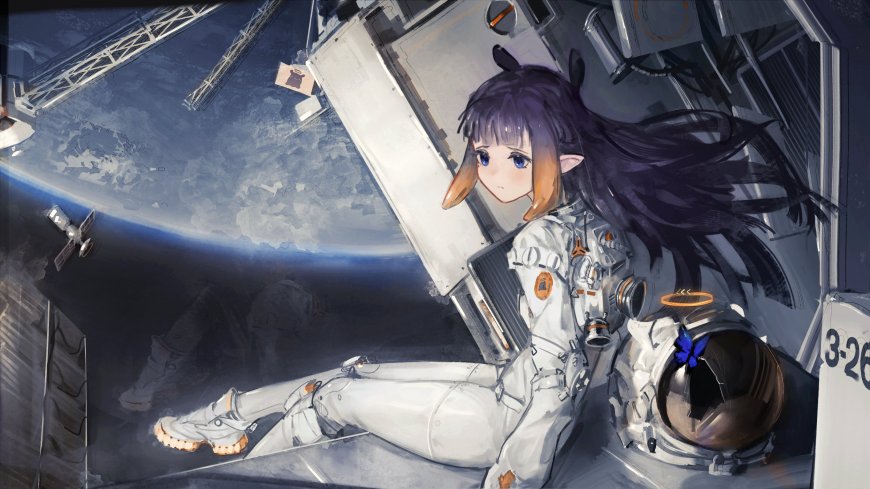 明日方舟紫发精灵耳少女宇航服太空科幻电脑壁纸