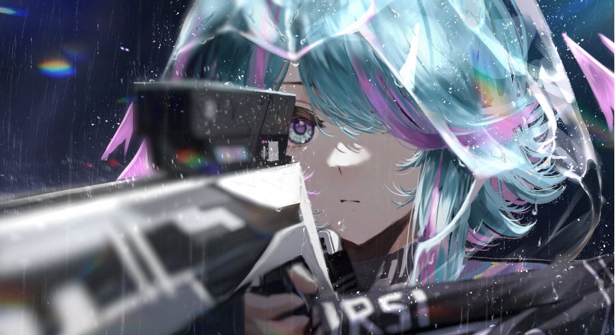赛博朋克风格蓝紫发少女持枪瞄准雨夜霓虹动漫电脑壁纸