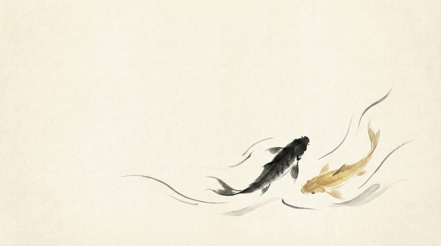 水墨双鲤游动淡雅古风绘画电脑壁纸