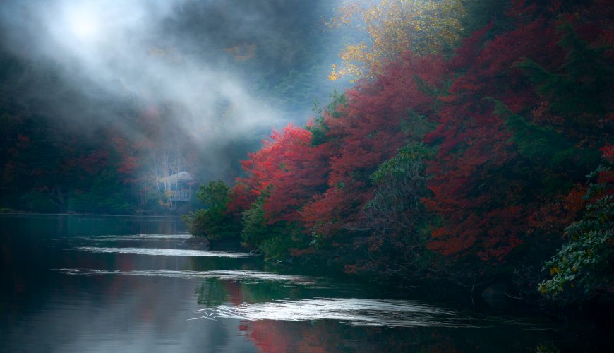 秋日湖畔红枫雾霭缭绕倒影如画蓝红自然风景电脑壁纸
