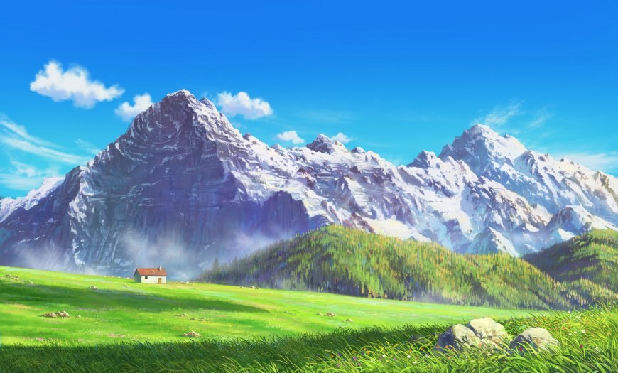 雪山巍峨绿野小屋云影蓝天清新自然风景电脑壁纸