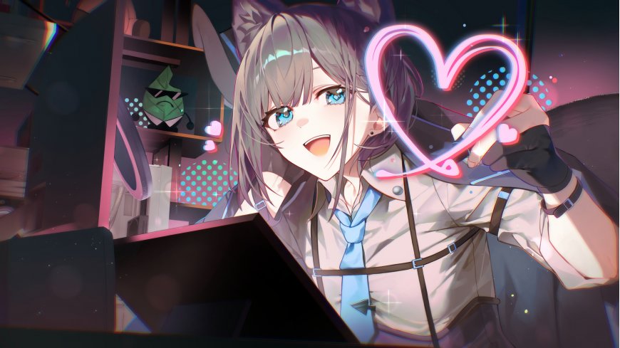 猫耳蓝眼少女手持霓虹爱心灯室内动漫电脑壁纸