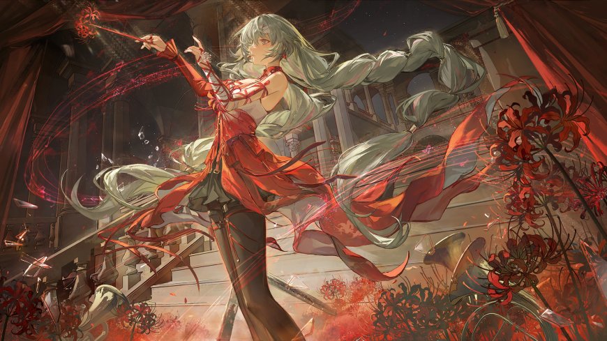 诡秘幻想银发红衣少女持花舞动血色彼岸花环绕暗红奇幻动漫电脑壁纸