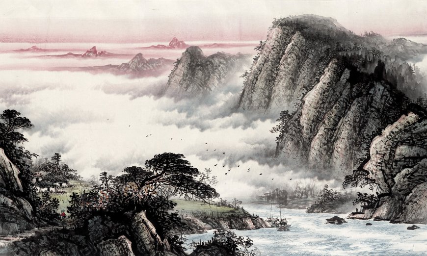 水墨山水云海松树江水飞鸟中国风风景绘画电脑壁纸