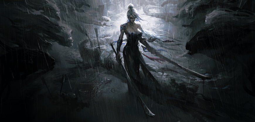 银发少女持剑雨中伫立暗灰奇幻动漫电脑壁纸