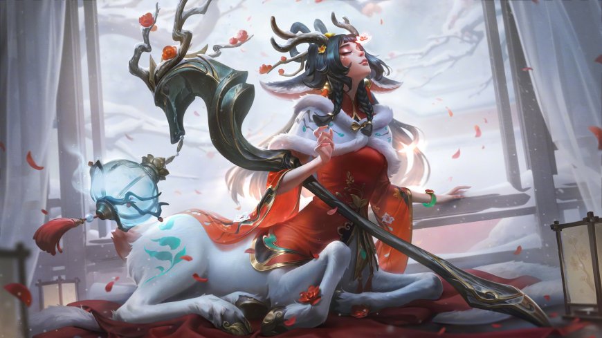 王者荣耀瑶遇见神鹿皮肤少女闭眼倚鹿红白青古风动漫电脑壁纸