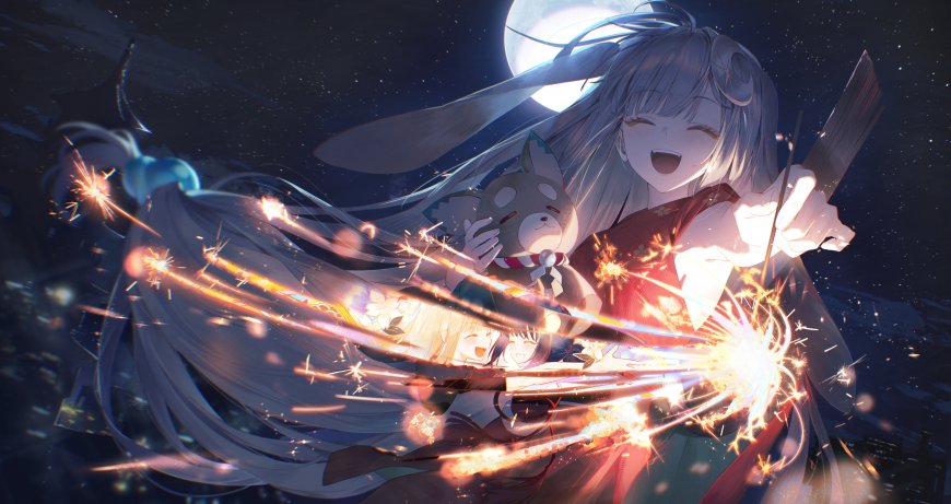 银发少女手持烟花笑颜绽放蓝紫星空动漫电脑壁纸