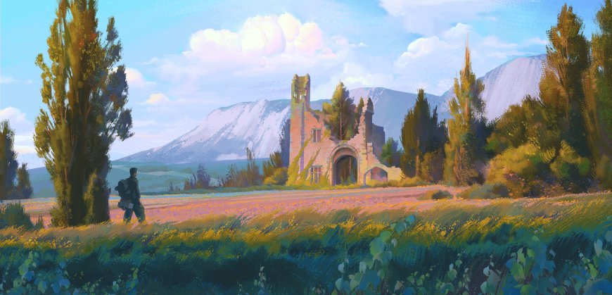 废墟古堡山野远眺蓝白暖金风景插画电脑壁纸