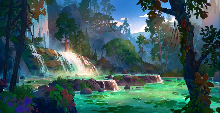 森林瀑布溪流碧绿清澈风景插画电脑壁纸
