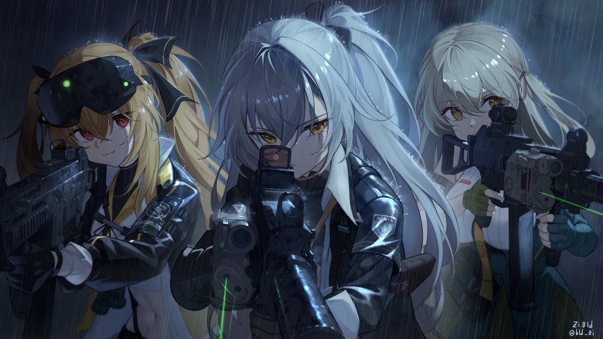 少女持枪雨中战术姿态暗蓝动漫电脑壁纸