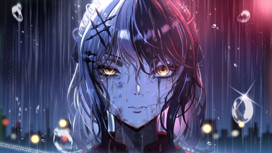 银发金瞳少女雨中泪痕紫蓝暗调动漫电脑壁纸