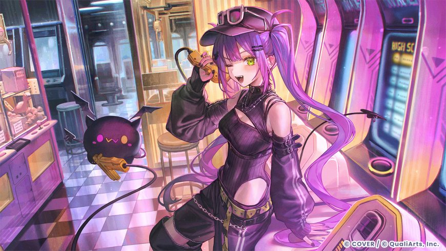 紫发少女戴帽持枪电玩厅霓虹紫粉动漫电脑壁纸