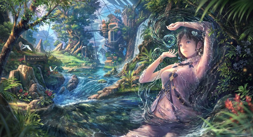 少女水中舞动水花环绕梦幻森林秘境蓝绿奇幻电脑壁纸