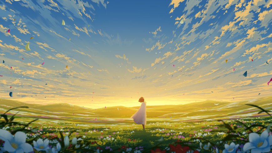 少女白裙立花海夕阳金黄唯美风景电脑壁纸