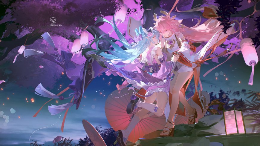 崩坏：星穹铁道爻光× 长夜月樱花夜灯紫粉动漫电脑壁纸