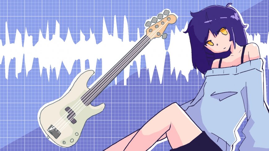 轻音少女·秋山澪紫发黄瞳少女持贝斯蓝格背景动漫电脑壁纸