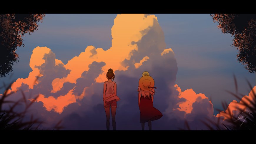 两位少女仰望橙紫晚霞云海动漫电脑壁纸