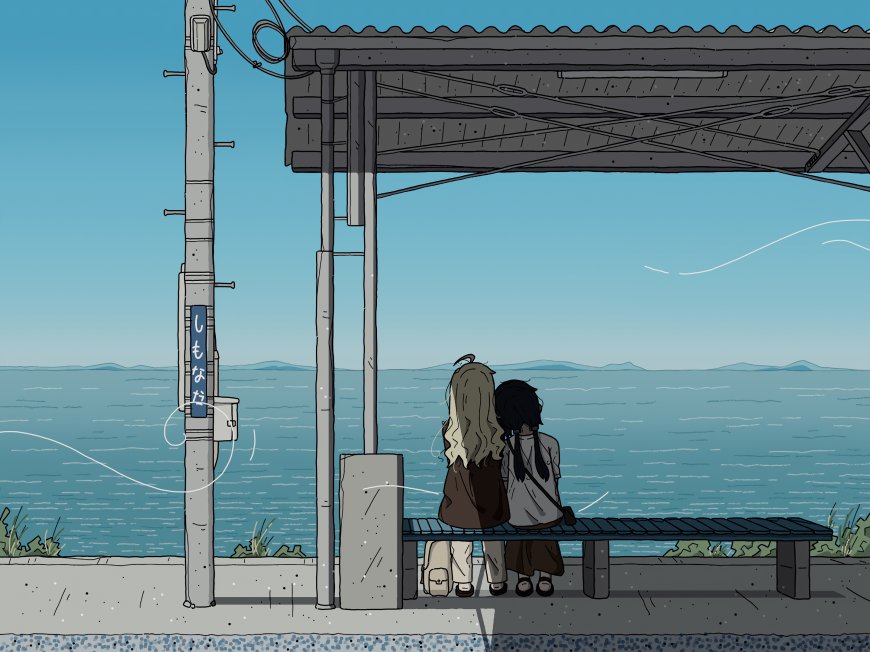 海边公交站台两位少女并肩静坐蓝灰清新动漫电脑壁纸