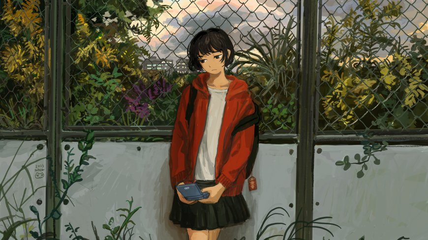 短发少女红外套黑裙手持手机绿植围栏背景暖调动漫电脑壁纸