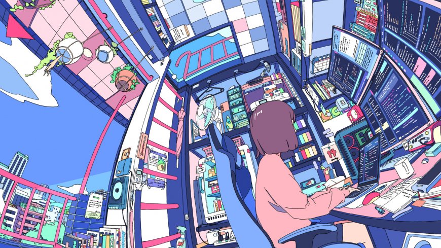 动漫少女编程房间蓝粉赛博风创意电脑壁纸