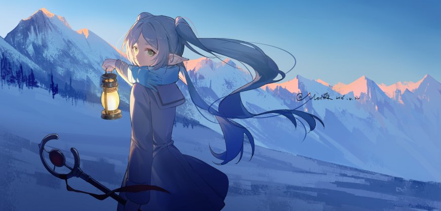 葬送的芙莉莲蓝发精灵少女持灯雪山背景蓝紫动漫电脑壁纸