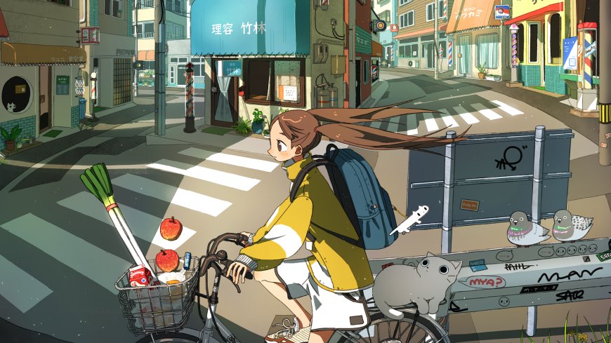 动漫少女骑车穿街暖黄日常插画电脑壁纸