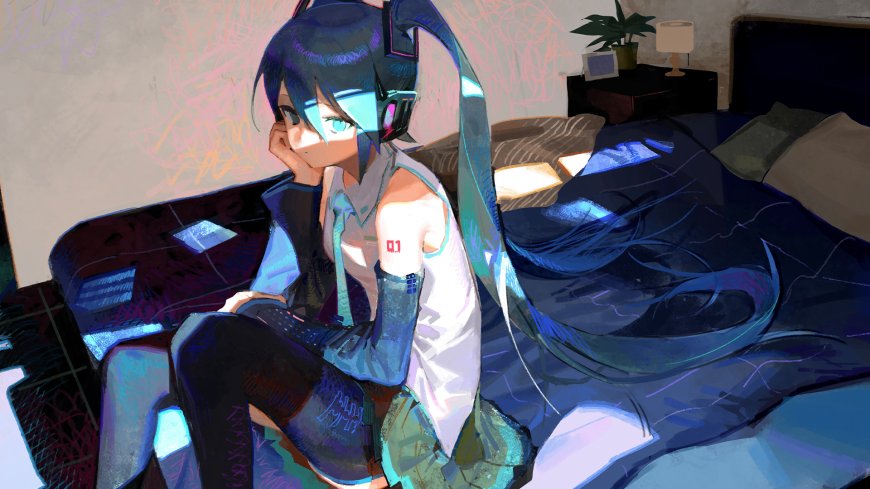 初音未来蓝发双马尾少女坐床沉思蓝紫动漫电脑壁纸