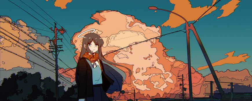 动漫少女头戴光环围巾校服橙蓝黄昏街道背景动漫电脑壁纸