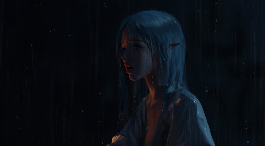 银发精灵少女雨中凝望蓝黑动漫创意电脑壁纸