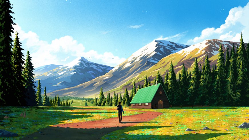雪山森林小屋田野远眺蓝白清新风景电脑壁纸