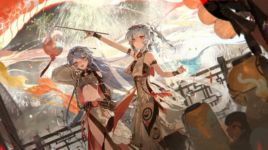 崩坏：星穹铁道乱破节日庆典银发少女持杖绽放烟花红金奇幻动漫电脑壁纸