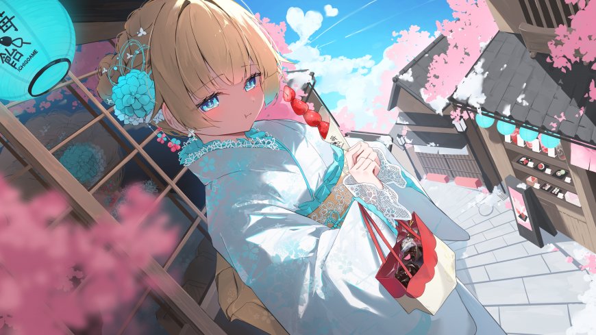 动漫少女蓝白和服樱花街景粉紫唯美电脑壁纸