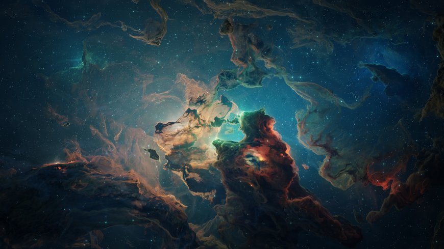 星云旋涡交织蓝绿橙红暗邃太空科幻电脑壁纸
