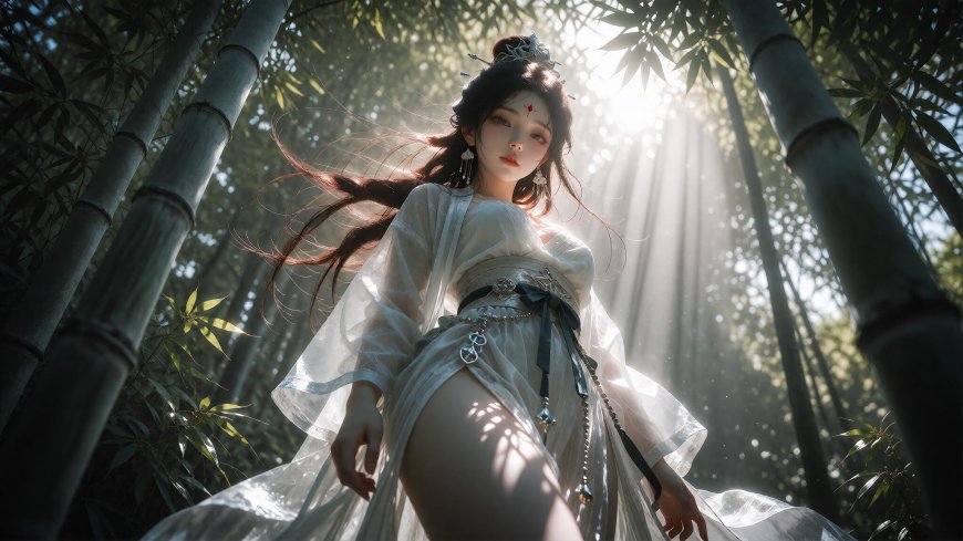 古风少女竹林光影白纱飘逸暖金唯美电脑壁纸