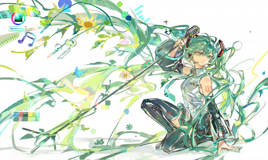 初音未来绿发持麦动感姿态青绿梦幻动漫电脑壁纸